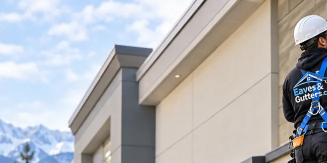 Commercial eavestrough and soffit on a plaza roofline