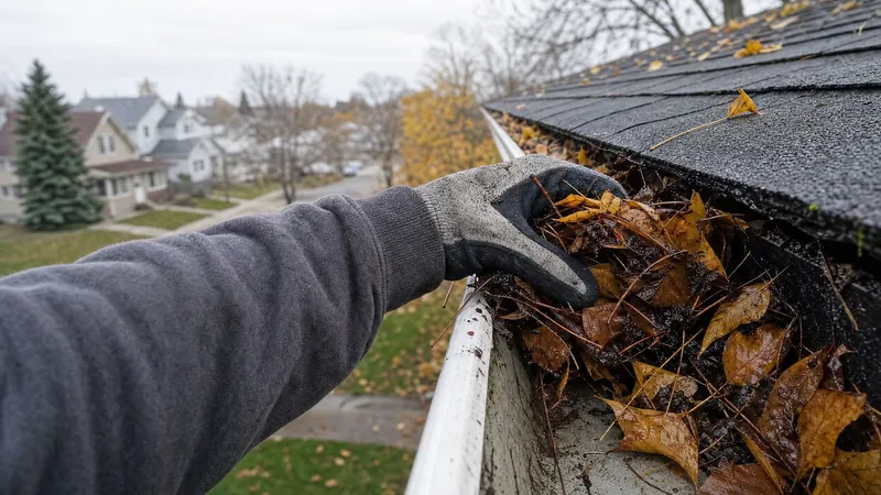 A gloved hand clearing wet autumn leaves out of a packed eavestrough
