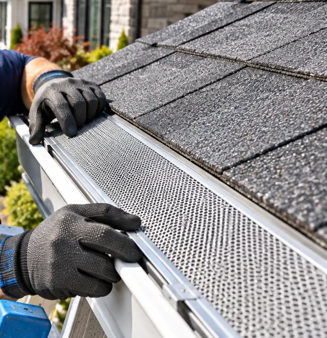 Micro-mesh gutter guard being fitted along a clean eavestrough